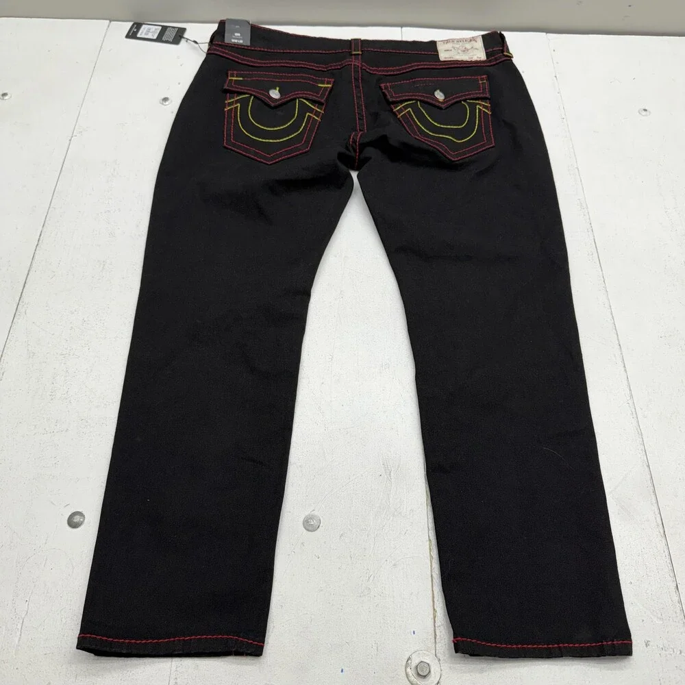 True Religion Geno Big T Flap Jeans Mens 42x32 Black Rinse Slim Denim Pants